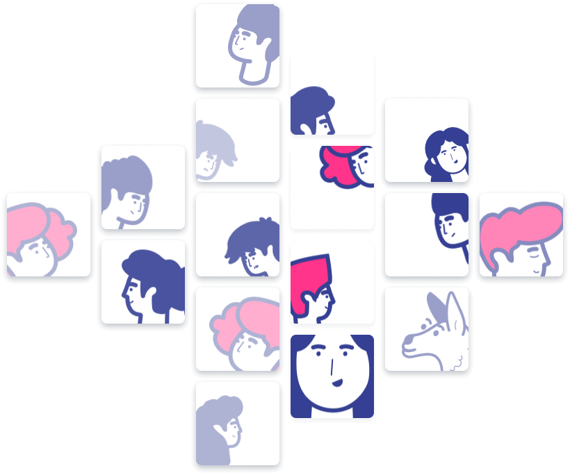 A collage of stylized drawings featuring various individuals in profile and front views, alongside an adorable dog in the bottom right corner, serves as process documentation. The drawings are in shades of blue, pink, and purple.