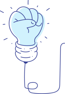 Illustration of a lightbulb with an electrified fist inside, emitting small lines indicating light, symbolizing the powerful spark of innovative onboarding processes.