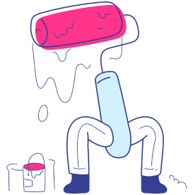 A cartoon character holding a paint roller over its head, with paint dripping from the roller. A paint can is seen on the floor beside the character. The scene humorously captures the messy yet creative side of onboarding, as if illustrating an SOP in progress.