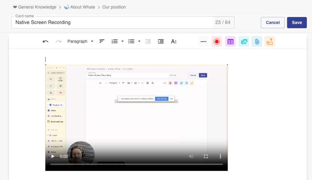A screen displaying a Whale card with a video screen recording inside