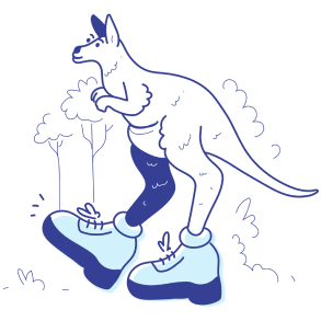 Illustration of a kangaroo wearing large shoes, perfect for onboarding material, with trees in the background.