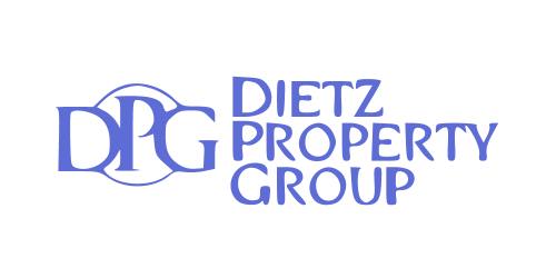 Logo of Dietz Property Group featuring the initials "DPG" in large letters to the left, and the full company name in stylized font to the right. The text, symbolizing their expertise in property management and rental services, is in blue color.