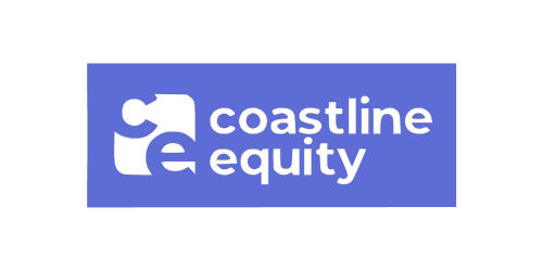 Logo of Coastline Equity with a stylized icon resembling the letters "C" and "E" on the left and the company's name in lowercase letters on the right, set against a blue rectangular background. The design reflects their expertise in property management.