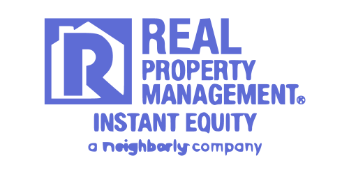 Logo of Real Property Management Instant Equity, a neighborly property management company, in blue text.