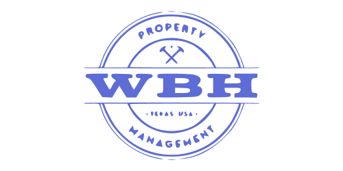 A circular logo with "WBH Property Management" and "Vegas USA" text, featuring two crossed hammers in the center, representing professional rental services.