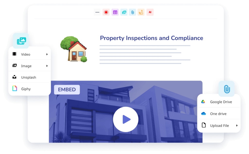 A digital interface displaying options for embedding videos, images, and files from sources like Google Drive, OneDrive, and Giphy. The main page focuses on property inspections and compliance within property management systems.