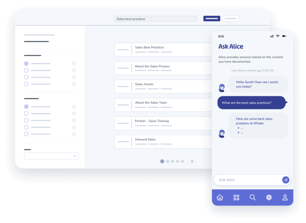 A desktop and mobile screen displaying a software interface for "Sales Best Practices." The mobile screen shows an AI assistant named Alice answering a query about sales practices, highlighting the importance of SOPs for efficient onboarding.