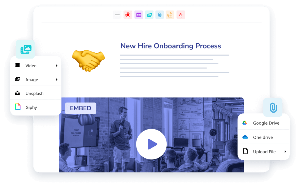 A computer screen displays a "New Hire Onboarding Process" page. Various icons for embedding video, images, and files from Google Drive, OneDrive, and other sources are visible, ensuring seamless employee training.