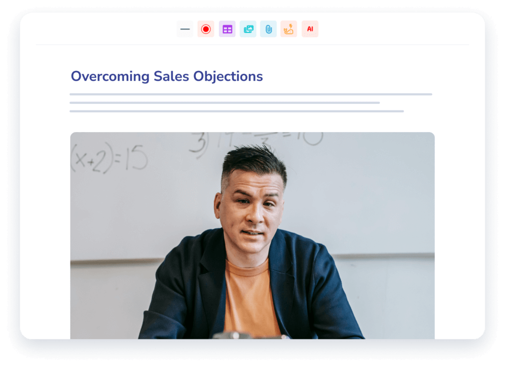 A person giving a presentation titled "Overcoming Sales Objections," with a mathematical equation written on a whiteboard in the background, explains how effective process documentation and well-crafted SOPs can streamline onboarding and improve sales performance.