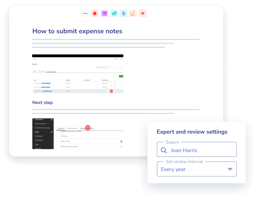 A screenshot showing instructions on how to submit expense notes, with additional settings for expert and review interval configuration in the bottom right corner, serves as crucial process documentation for onboarding new team members.