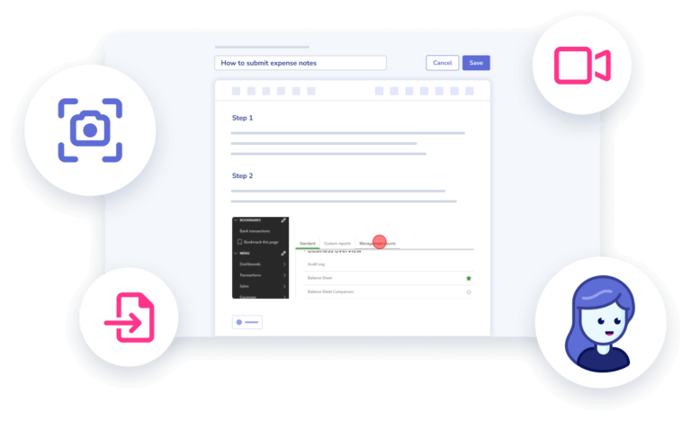 A computer screen with a tutorial on submitting expense notes is surrounded by icons for camera, video, uploading, and a person, serving as an essential part of onboarding and employee training.
