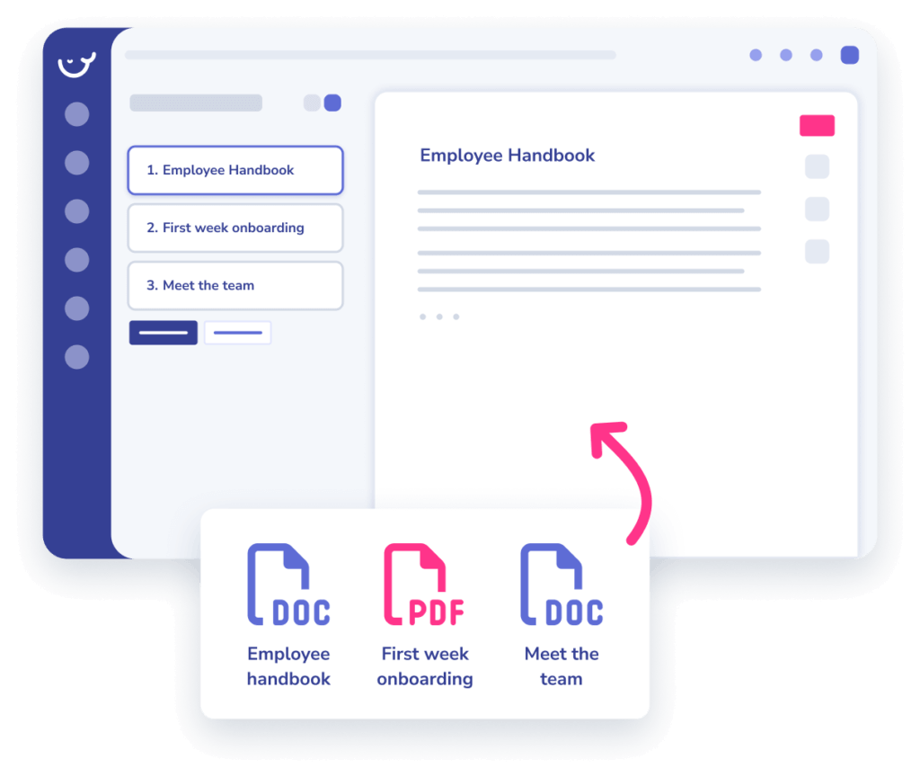 Illustration of a digital document interface showing an "Employee Handbook" with an arrow pointing to a file selection featuring DOC and PDF formats labeled "Employee Handbook," "First Week Onboarding," and "Meet the Team." This setup aids in employee training and streamlines process documentation.