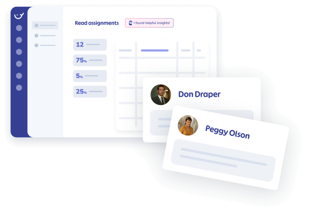 A digital interface showcases employee training progress with assigned readings and their completion percentages. Two cards, labeled "Don Draper" and "Peggy Olson," display their profile images alongside SOPs to ensure smooth process documentation.