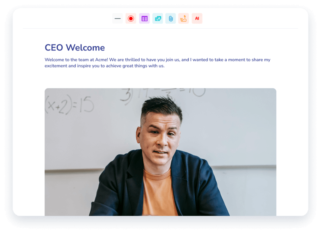 A screenshot of an email from "CEO Welcome" at Acme, featuring a man talking in front of a whiteboard, highlighting the importance of onboarding.