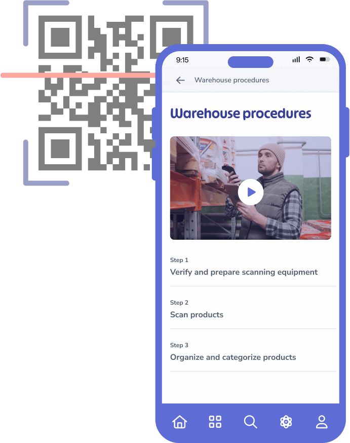 A smartphone screen displays a "Warehouse Procedures" guide with steps listed, integral to process documentation. A QR code is shown beside it, streamlining onboarding.