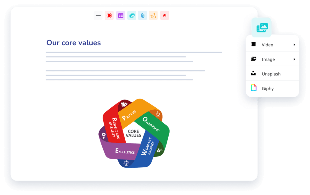 A computer screen displaying a document titled "Our core values" with an icon menu to the right. Below the title, there is a hexagon-shaped graphic divided into segments, each labeled with a different core value - perfect for onboarding and employee training.