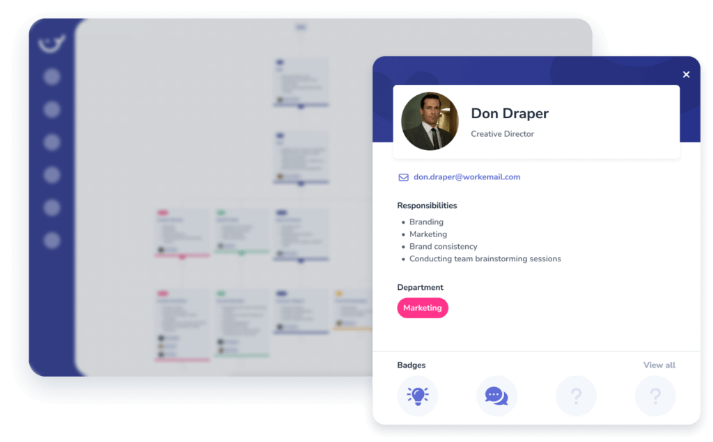 Close-up of a profile card for Don Draper, Creative Director, showcasing his name, contact info, responsibilities, and department against a blurred background featuring an onboarding flowchart.