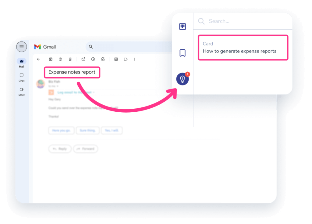 Screenshot of a Gmail interface showing an email with the subject "Expense notes report." A popup to the right provides a card titled "How to generate expense reports," which is ideal for employee training and onboarding.