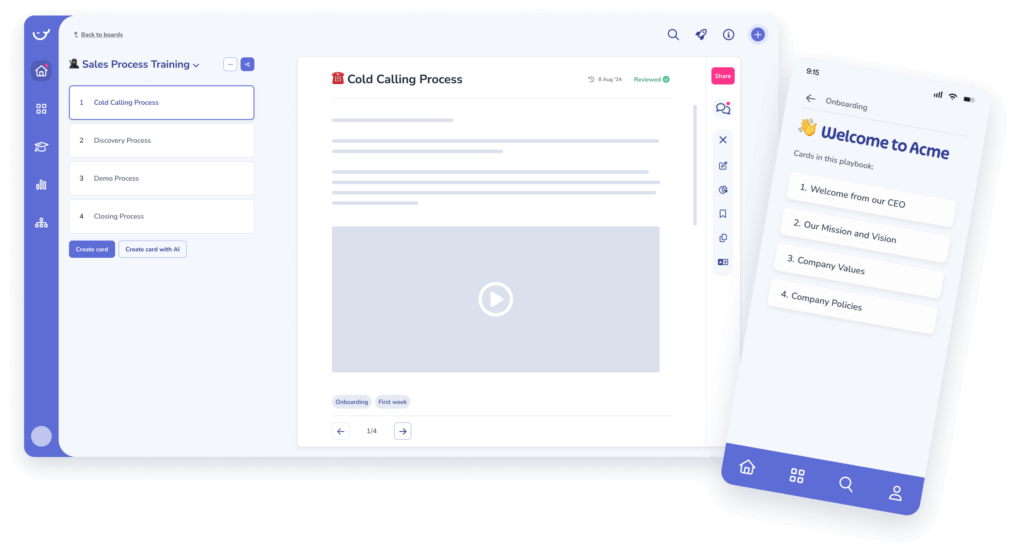 A tablet and smartphone display interfaces for employee training and onboarding respectively. The tablet shows training modules, process documentation, and a video, while the phone shows a welcome message and a list menu.