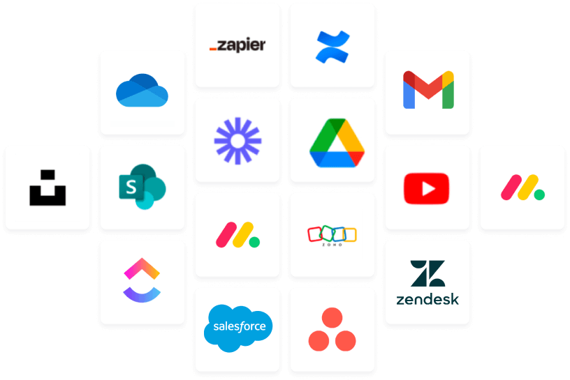 A grid of logos including Zapier, Confluence, Microsoft OneDrive, Gmail, Salesforce, Zendesk, ClickUp, YouTube, Zoho, and Google Drive among others; perfect for streamlining SOPs and enhancing employee training.