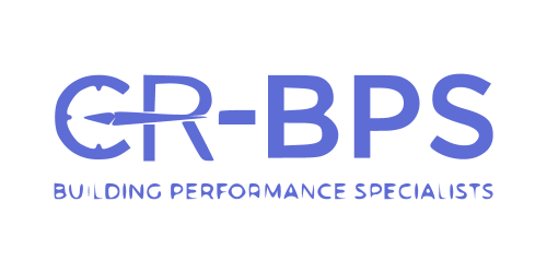 CR-BPS logo featuring the text "CR-BPS" with the "R" designed as a compass, followed by "Building Performance Specialists" below in a smaller font. The text is in blue.