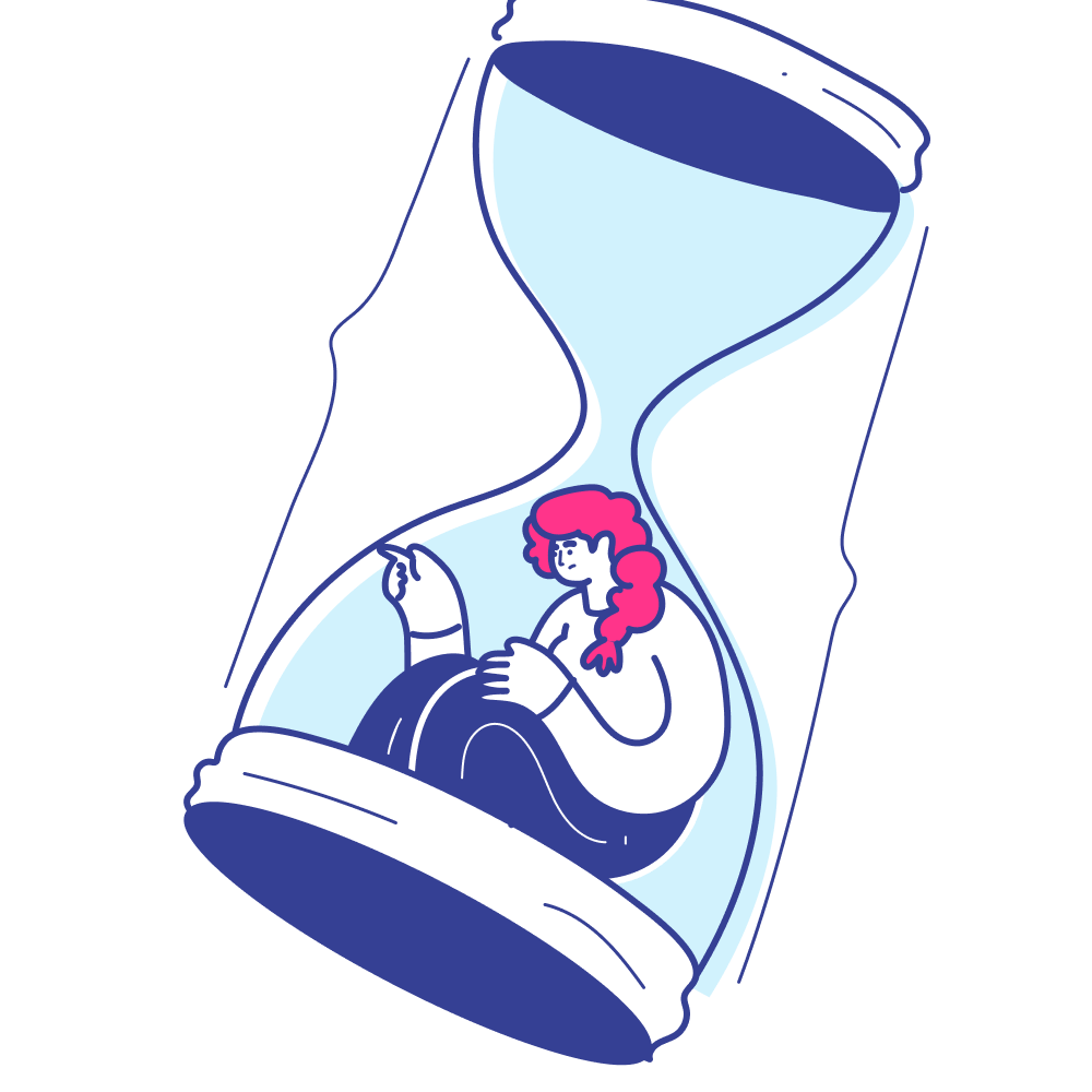 Illustration of a person with red hair sitting inside an hourglass, suggesting a concept of being trapped or limited by time.