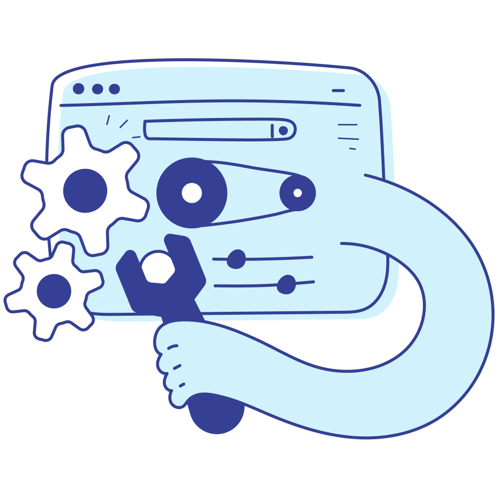 Illustration of a web browser window with gears and a wrench, symbolizing website maintenance or technical settings adjustments.