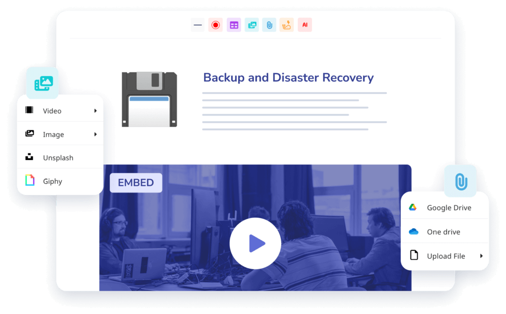 A computer screen displays an interface for backup and disaster recovery, featuring options for embedding videos, images, and files from sources like Google Drive, OneDrive, and uploads.