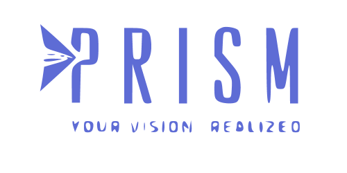 Logo featuring the word "PRISM" with a stylized butterfly design on the left and the slogan "Your Vision Realized" underneath, all in blue text.