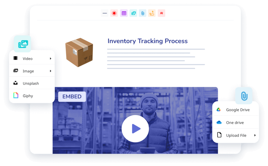 A digital interface showing an inventory tracking process with options to embed videos, images, and files from various sources like Google Drive and OneDrive, ensuring adherence to Standard Operating Procedures for warehouses.