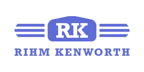 Blue and black logo for Rihm Kenworth featuring the initials 'RK' in the center with three horizontal lines extending outward on each side.