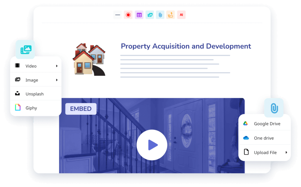 Screenshot of a digital interface displaying property acquisition and development content, with options to embed video, image, or files from various sources like Google Drive and OneDrive. Ideal for process documentation & training for real estate professionals.