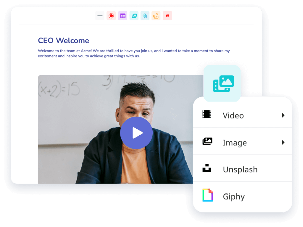 An email screen displays a "CEO Welcome" message, complete with a video thumbnail of the CEO. The sidebar offers options for Video, Image, Unsplash, and Giphy for an engaging user experience alongside SOPS documentation.