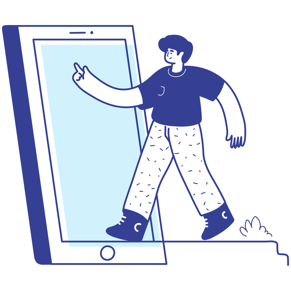 Illustration of a person walking through a large smartphone screen, one arm outstretched pointing forward. The device is upright with a blank, blue screen.