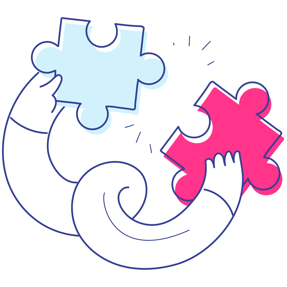 Two arms with white sleeves holding blue and pink puzzle pieces, trying to fit them together.