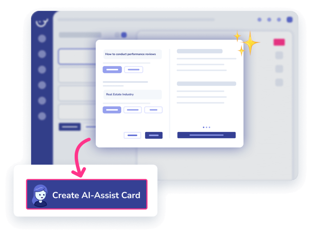 A screenshot features a form for creating an "AI-Assist Card." A highlighted section with an icon and text reads "Create AI-Assist Card," indicated by a pink arrow.