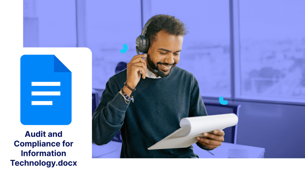 A person wearing headphones reads a document and speaks into a mic. Icon shows "Audit and Compliance for Information Technology.docx.