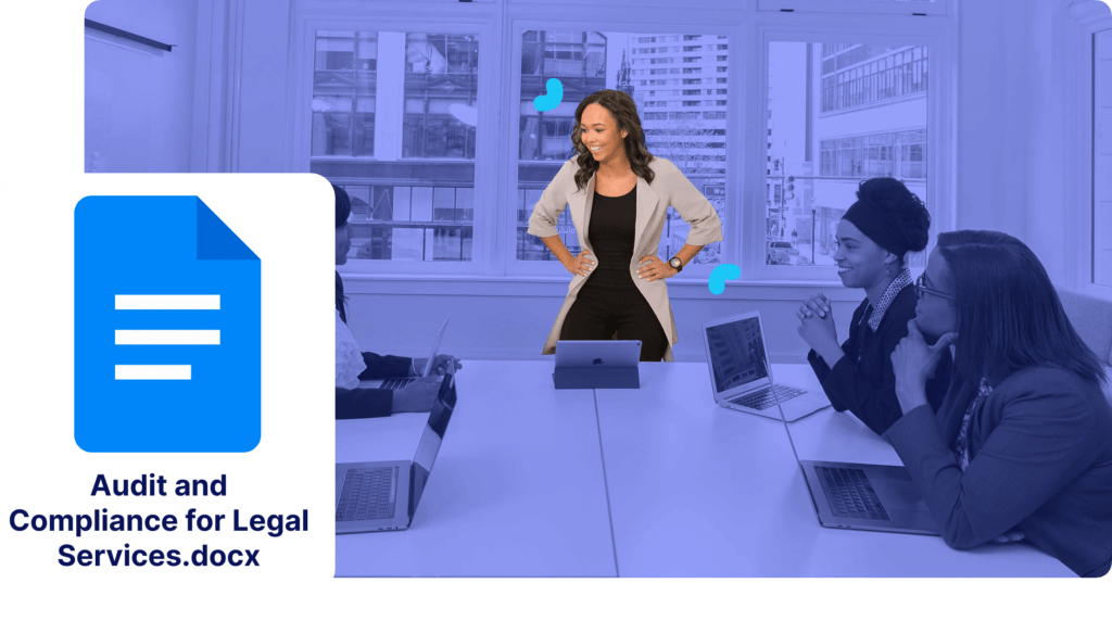 A woman stands confidently at the head of a conference table during a meeting, exuding authority in compliance matters, with colleagues seated and laptops open. A document icon titled "Audit and Compliance for Legal Services" is prominently displayed.