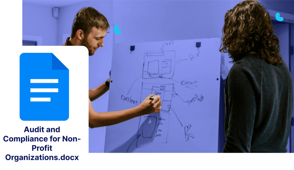 Two people are deep in discussion about a diagram on the whiteboard, with a document titled "Audit and Compliance for Non-Profit Organizations.docx" prominently displayed, highlighting their focus on ensuring compliance within the non-profit sector.