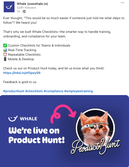 Product Hunt Social Post for Whale Checklists