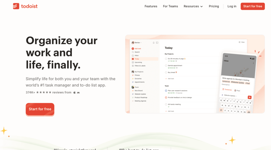 Todoist Collaboration and Organization App homepage