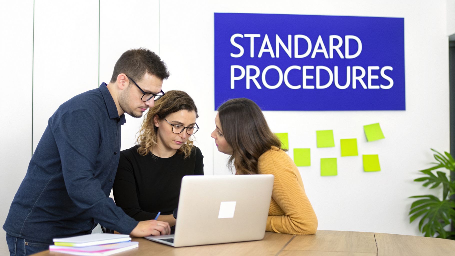 Three colleagues collaborate on a laptop in an office with a 'Standard Procedures' sign.