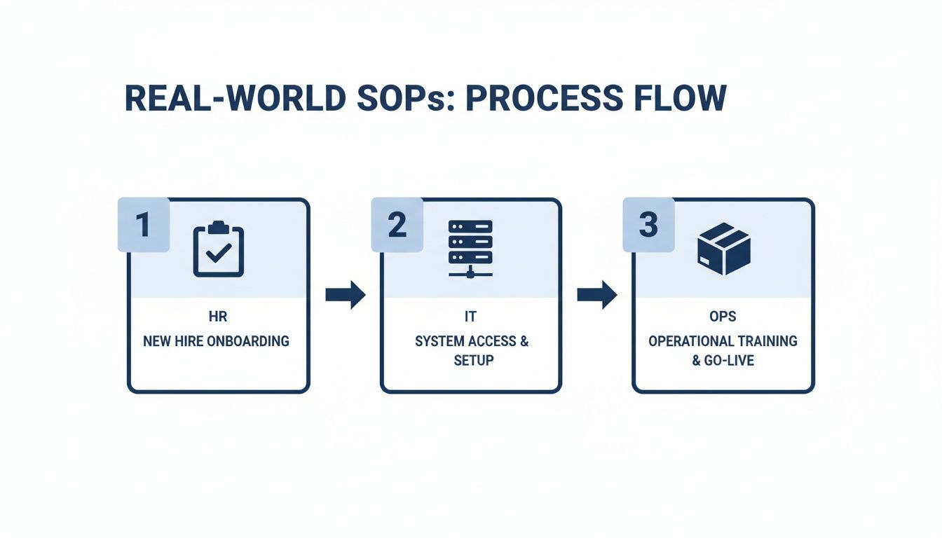 A process flow for real-world SOPs, detailing HR onboarding, IT setup, and operational training steps.