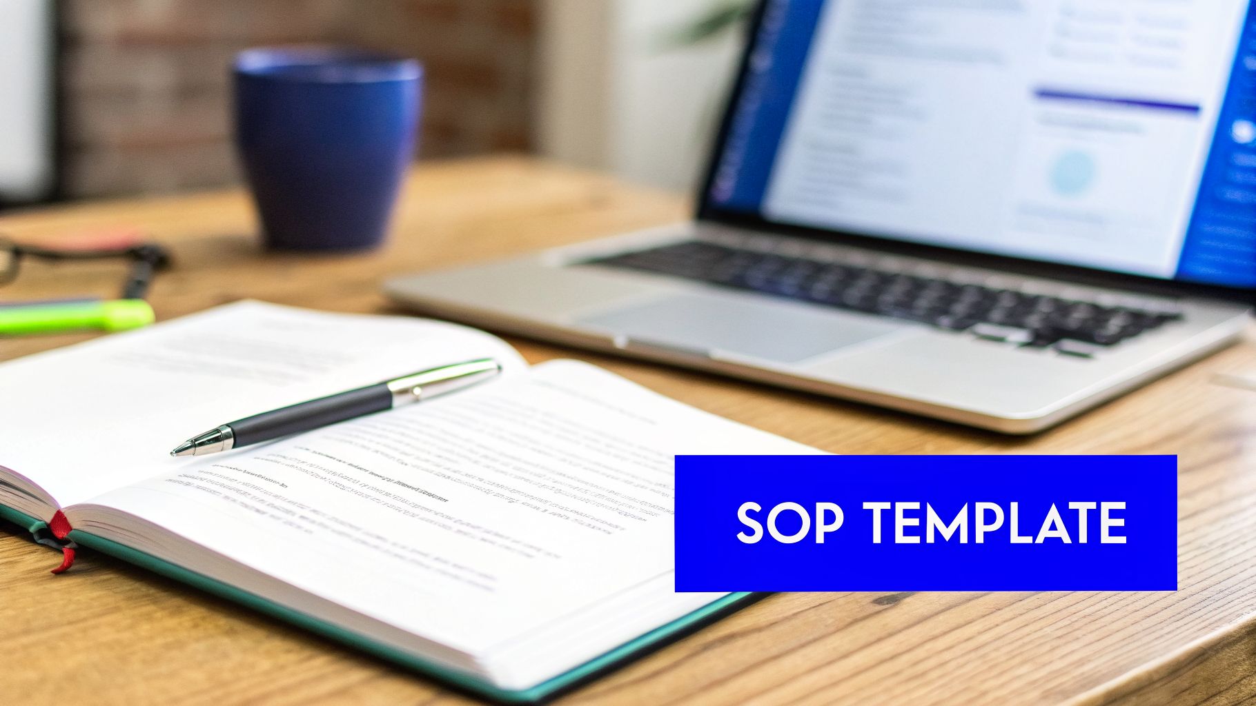 A professional workspace with an open book, pen, laptop, and coffee mug on a wooden desk.