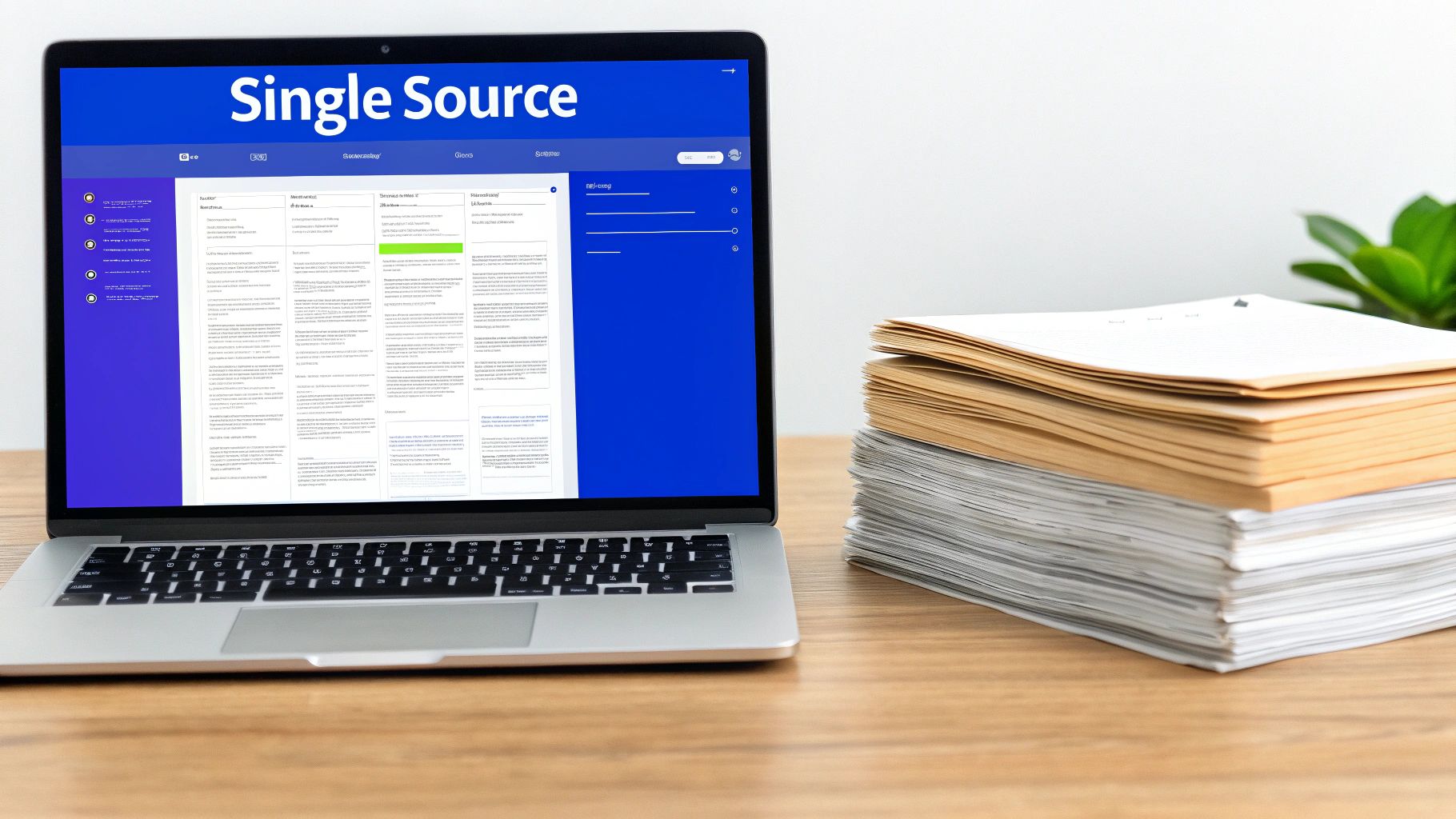 Laptop screen shows 'Single Source' software next to stacks of paper documents and folders.