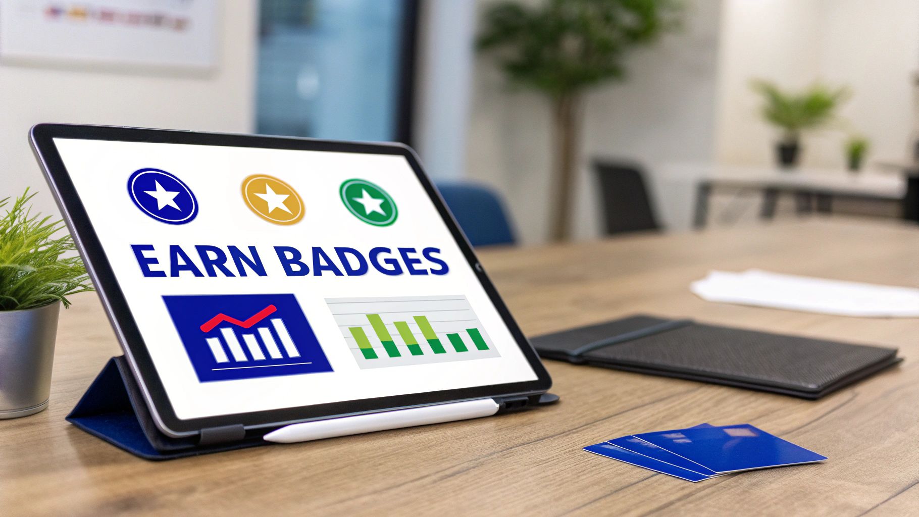 Close-up of a tablet displaying 'Earn Badges' with gamification elements and business charts.