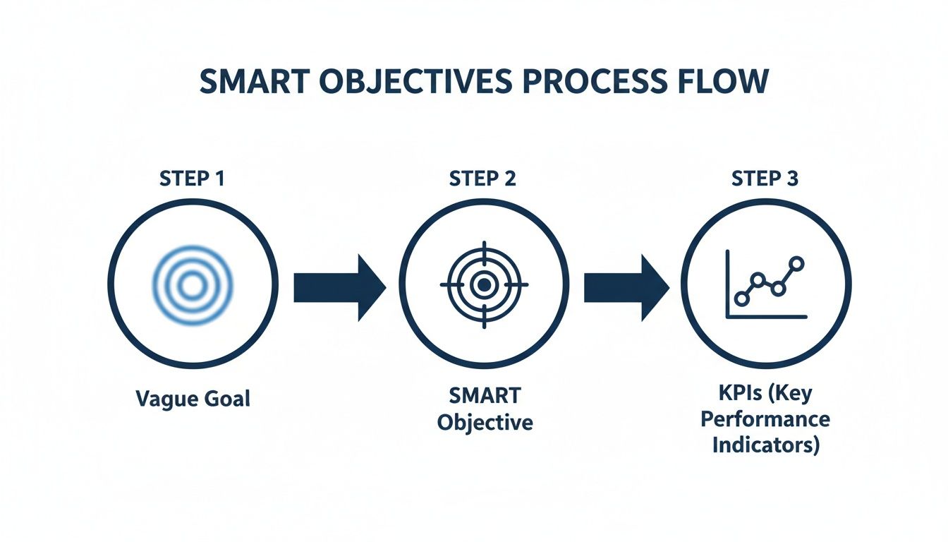 Process flow diagram showing the steps from a vague goal to SMART objectives and KPIs.