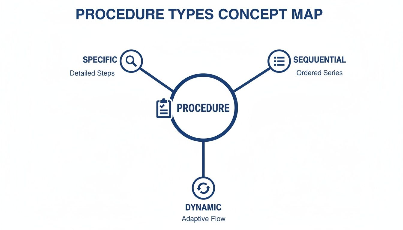 A concept map titled 'Procedure Types' illustrates three types: specific, sequential, and dynamic procedures.