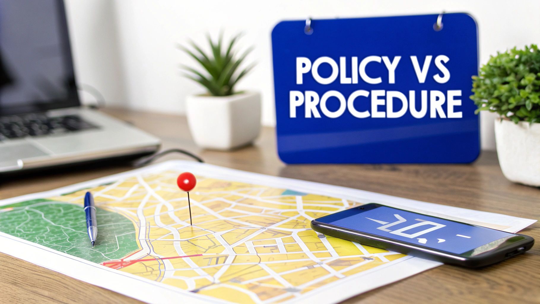 A desk with a blue sign displaying 'Policy vs Procedure', a map with a pin, pen, smartphone, and laptop.