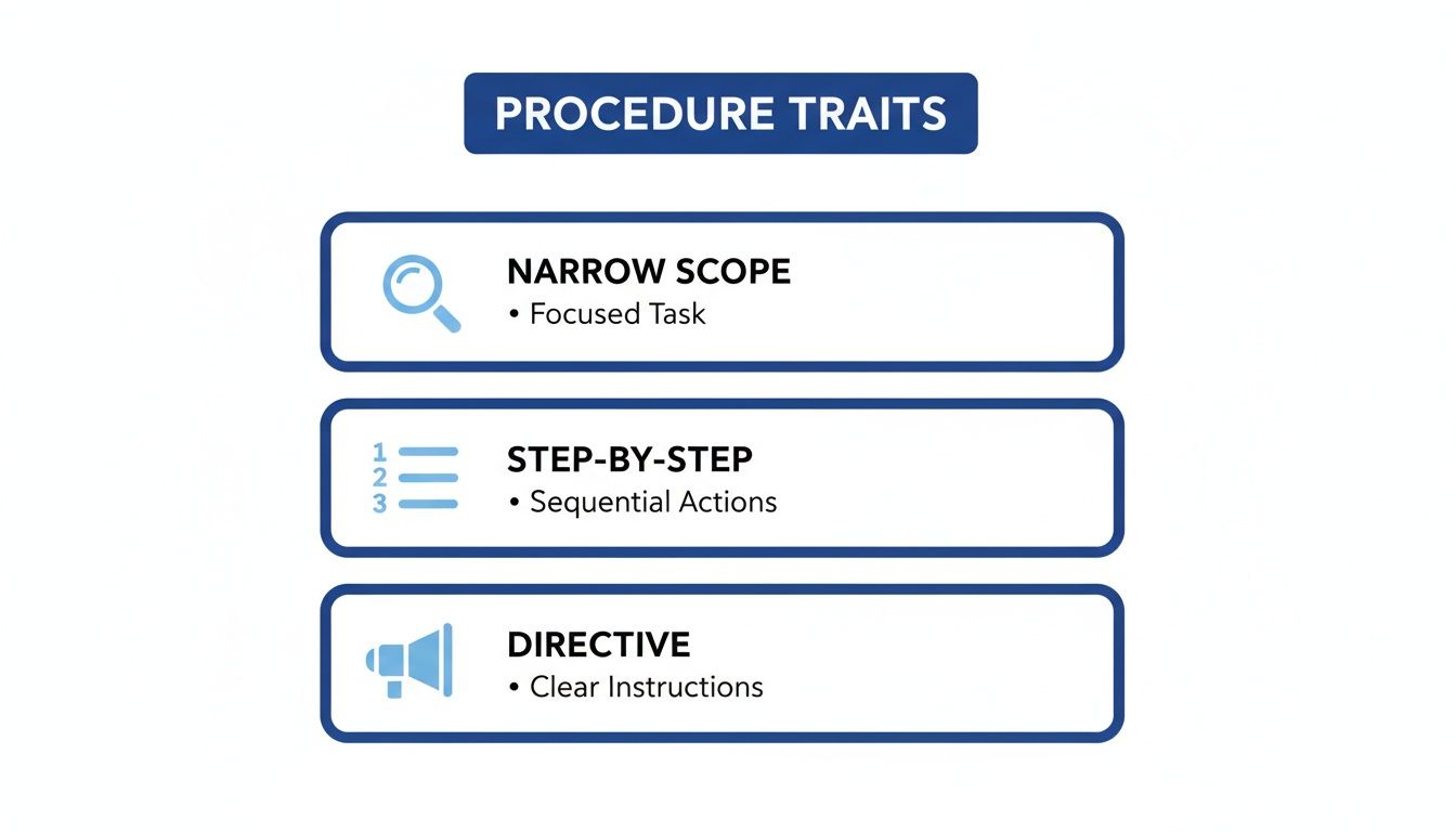 An infographic detailing procedure traits: narrow scope, step-by-step sequential actions, and clear directive instructions.